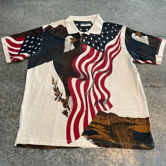 Vintage American Eagle USA Flag All Over Print Polo Shirt Mens XXL Royale Air - Picture 1 of 8